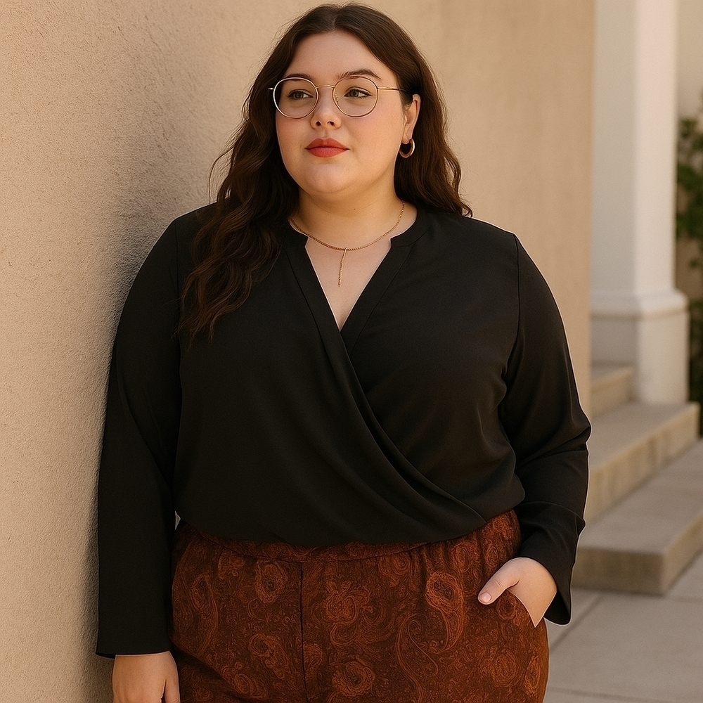 Remade Black Faux Wrap Long Sleeve Top – Size 3X